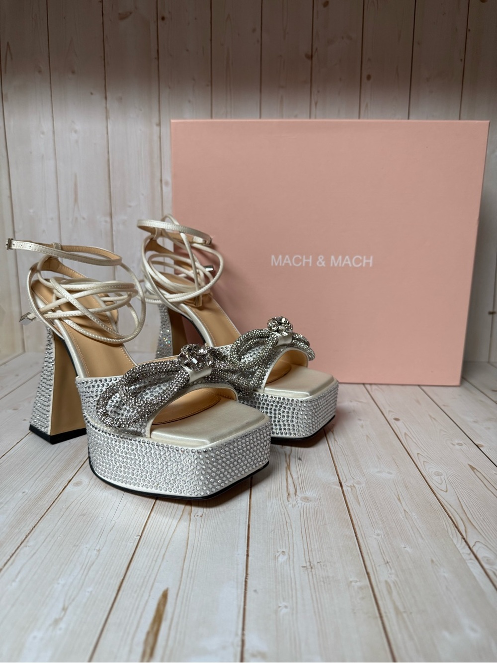 MACH & MACH Double Bow Embellished Platform Sandals White Sz 36 / 6